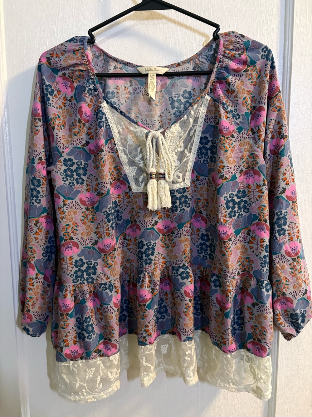 Matilda Jane Pink & Blue Floral Lace-Trim Peasant Blouse